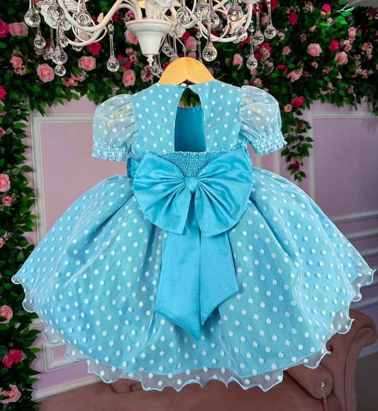 Vestido Infantil Azul Tiffany em Tecido Misto com Gola Redonda e Laço nas Costas para Festa de Aniversário