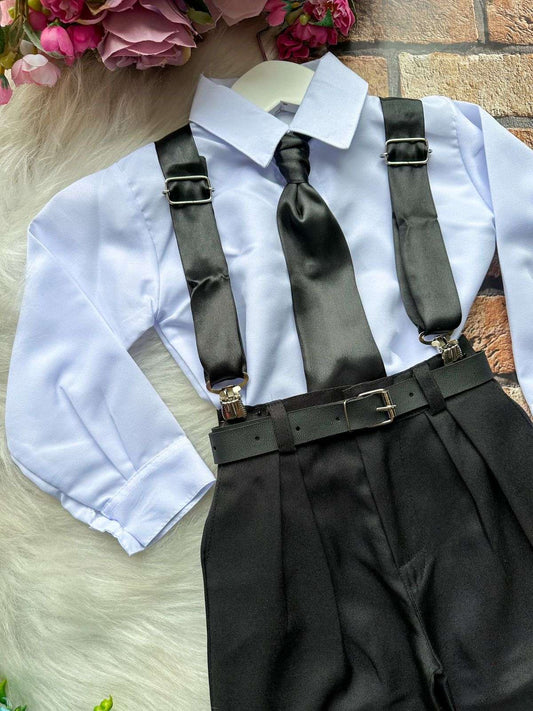 Conjunto Social Infantil Preto em Microfibra com Suspensório de Cetim para Casamento