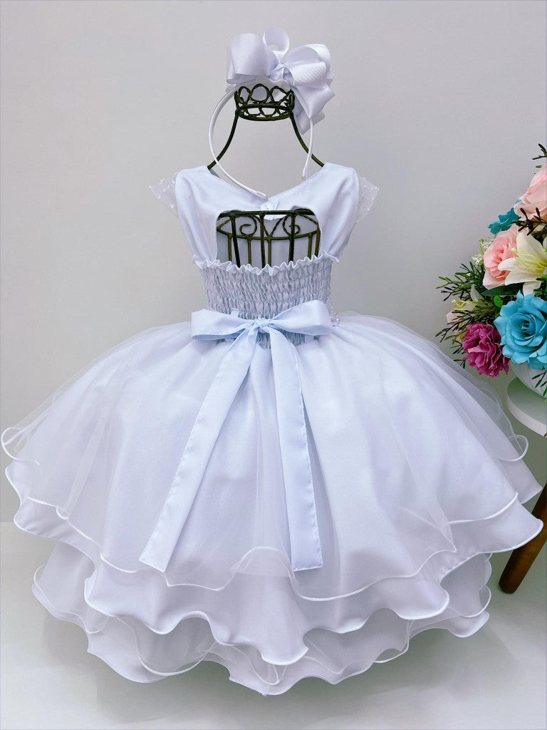Vestido Infantil Branco em Tule com Nervura e Cinto de Pérolas Luxo para Daminhas