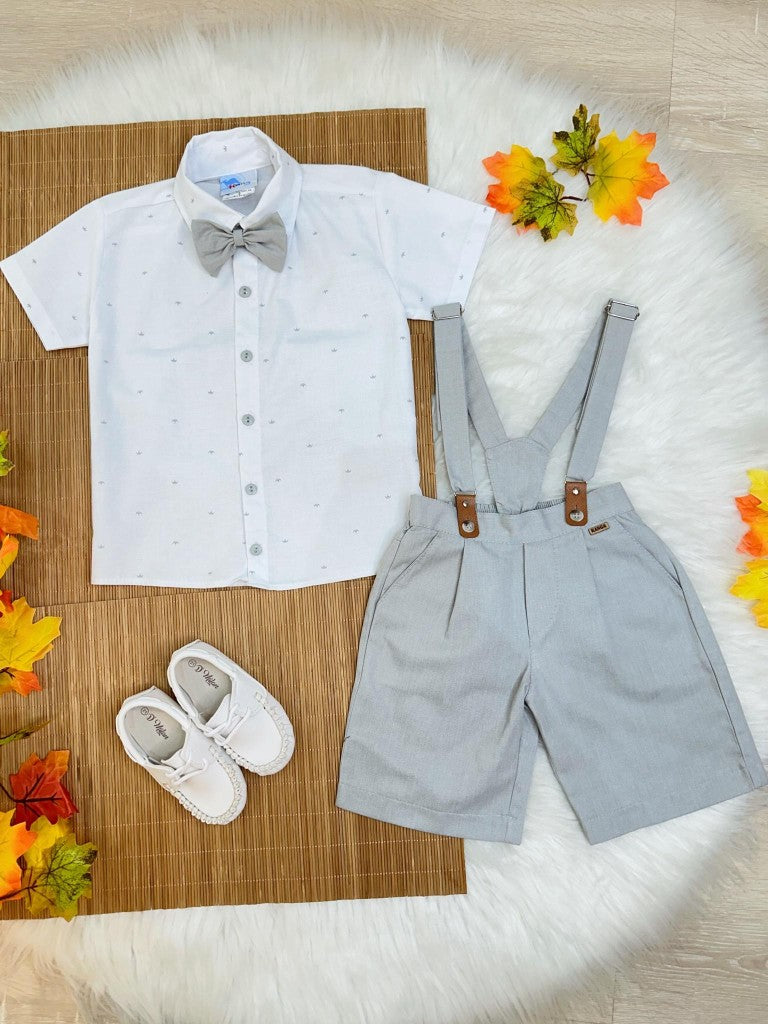 Conjunto Social Infantil Branco em Algodão com Short Cinza e Gravata Borboleta para Festa