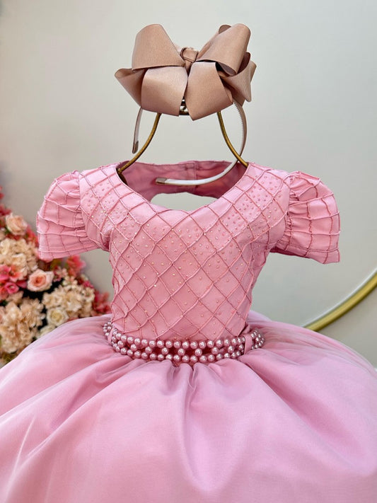 Vestido Infantil Rosa em Cetim com Busto Nervurado e Strass para Daminhas