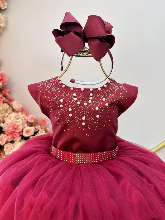 Vestido Infantil Damas de Honra Longo Marsala Pérolas