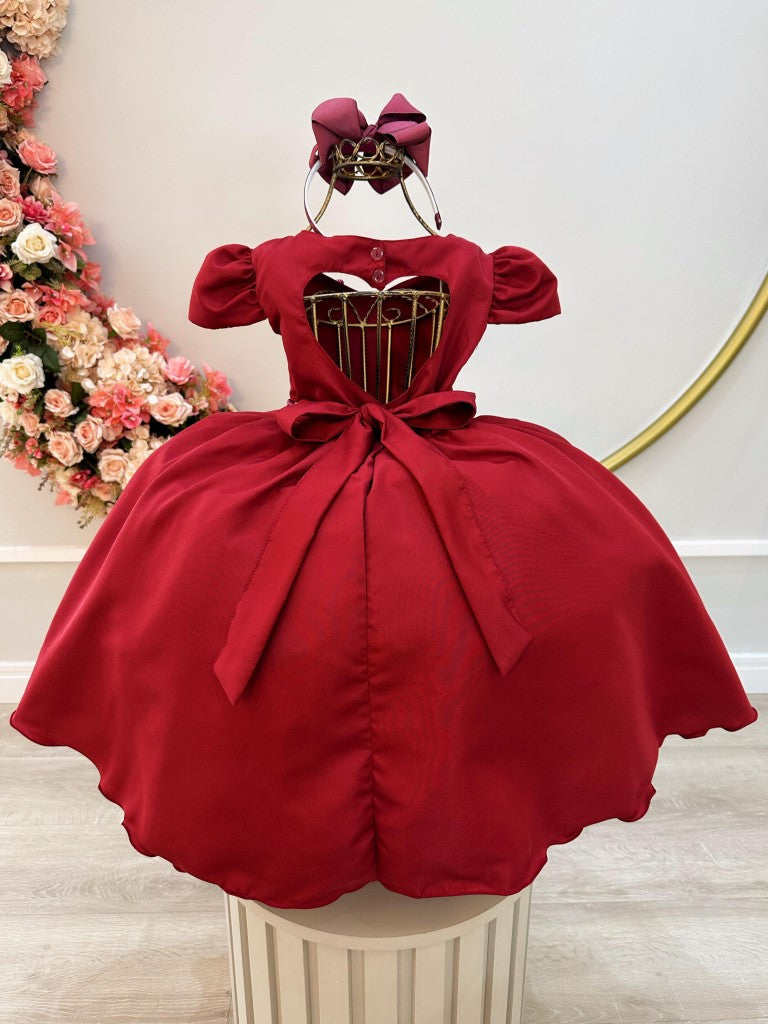 Vestido Infantil Marsala em Cetim com Cinto de Pérolas e Saia Rodada para Daminhas de Luxo