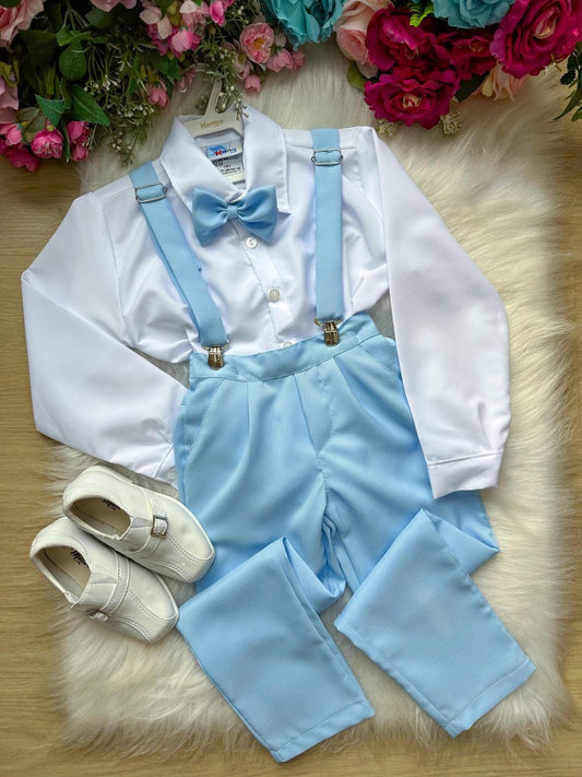 Conjunto Social Infantil Branco em Poliéster com Gravata Borboleta Azul Bebê e Suspensório Azul Bebê para Batizados