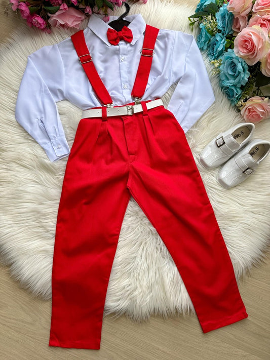 Conjunto Social Infantil Vermelho em Algodão com Gravata Borboleta e Suspensório para Festa