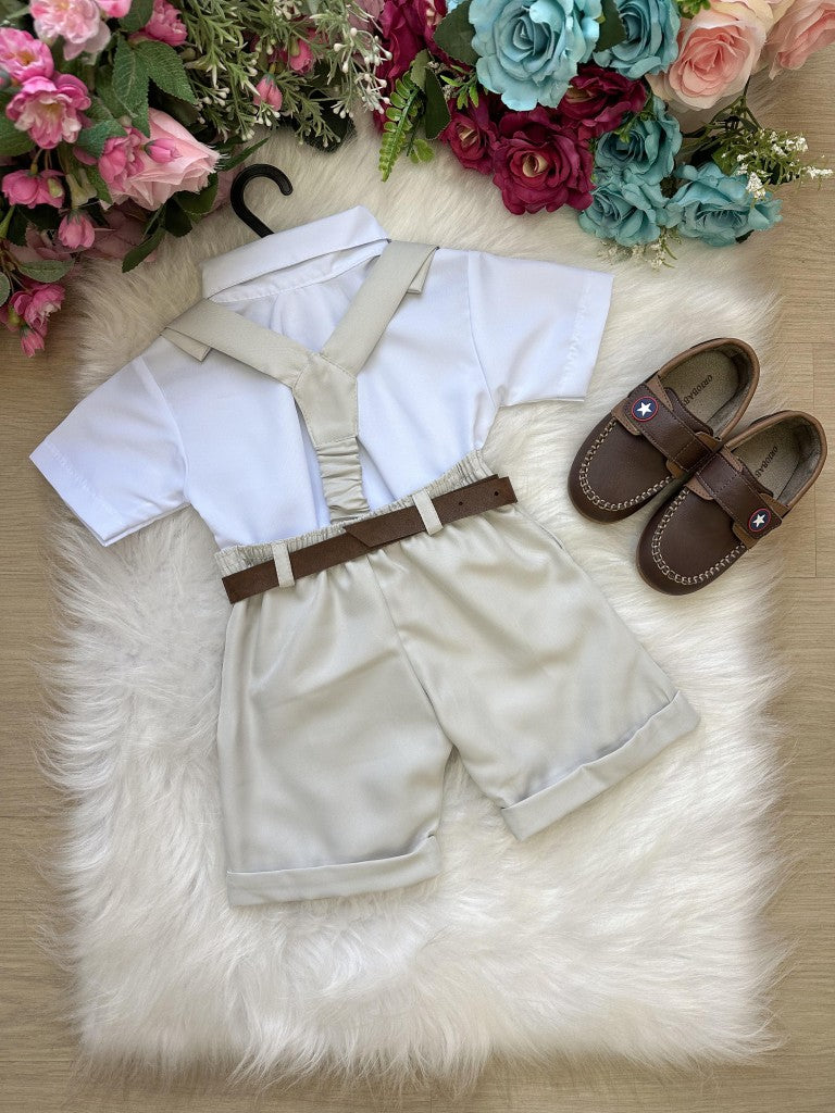 Conjunto Social Infantil Branco com Shorts Cinza Claro e Gravata Cinza Claro para Pajem