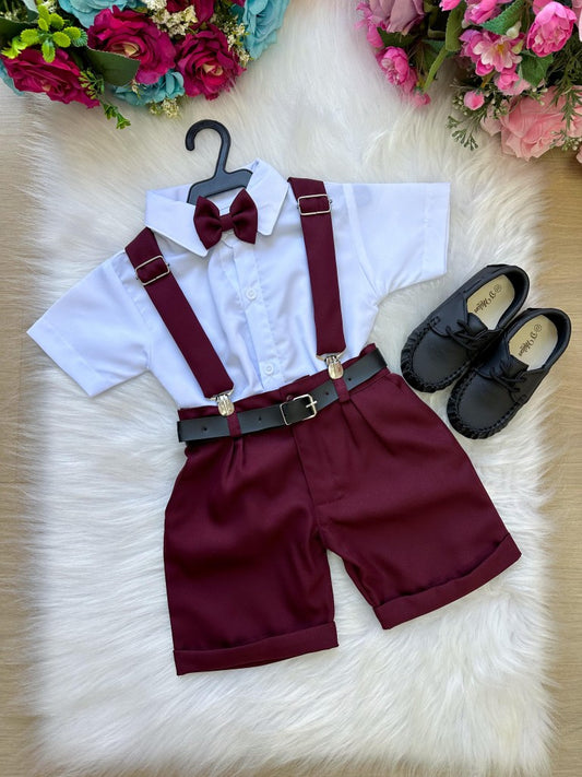 Conjunto Social Infantil Branco em Microfibra com Gravata Marsala e Suspensório para Pajem
