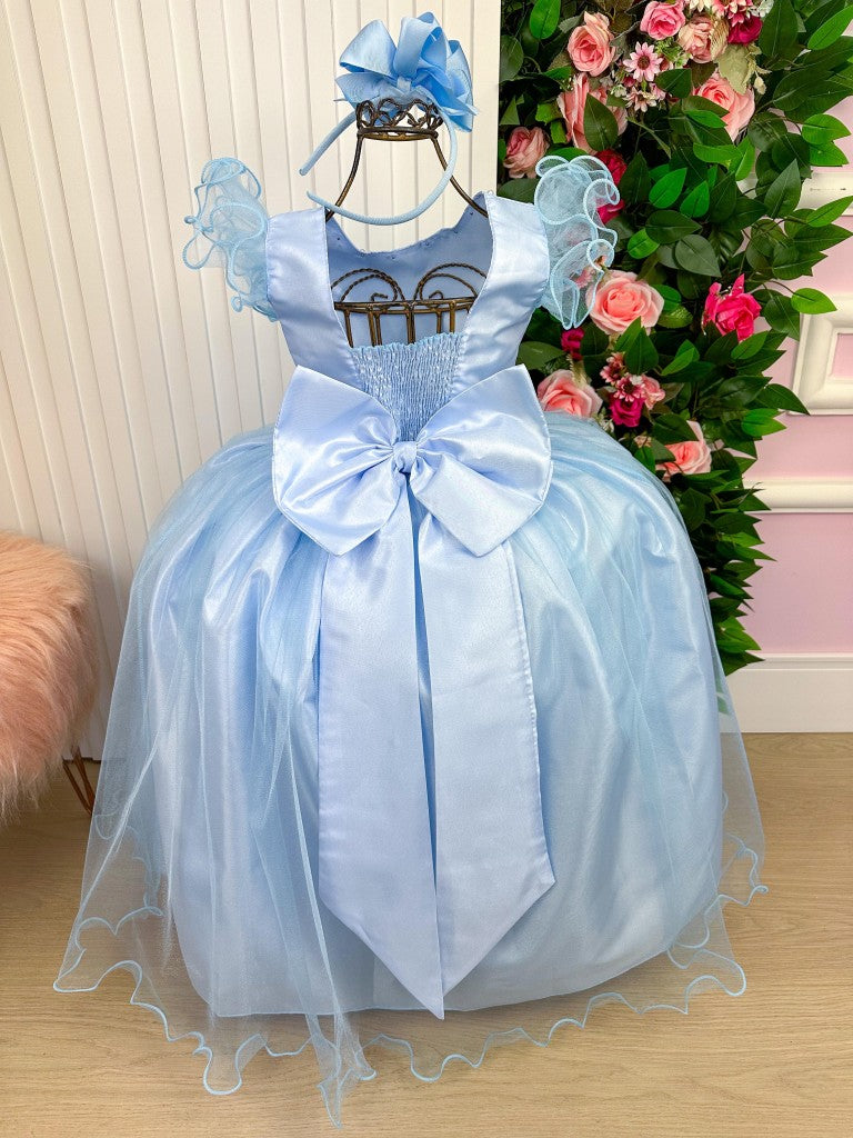 Vestido Infantil Azul Bebê em Cetim com Saia Rodada para Festa de Aniversário