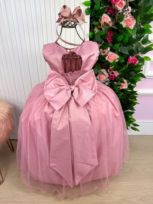Vestido Infantil Rosa em Poliéster com Renda Delicada e Apliques de Strass para Festas Infantis
