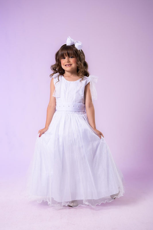 Vestido Infantil Branco em Tecido Talco com Saia Rodada e Renda Delicada para Daminhas