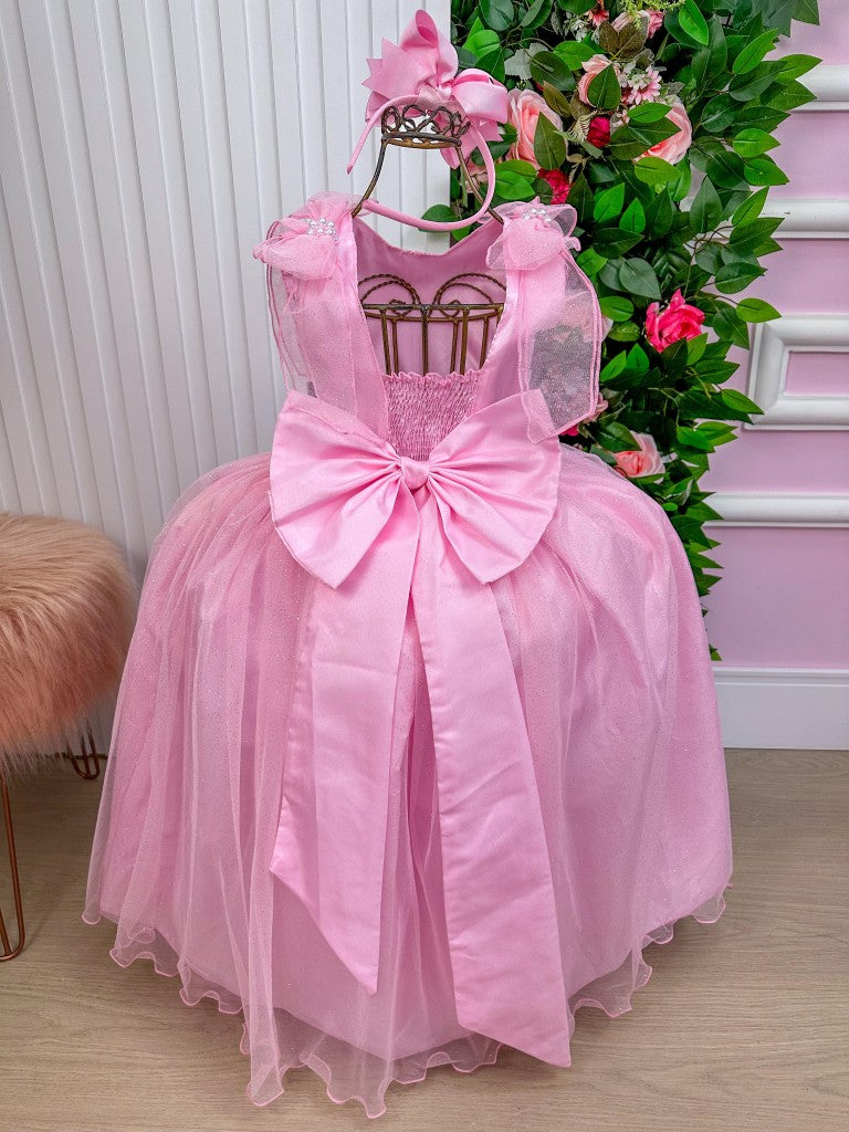 Vestido Infantil Rosa Bebê em Renda com Apliques Brilhantes para Festa de Aniversário