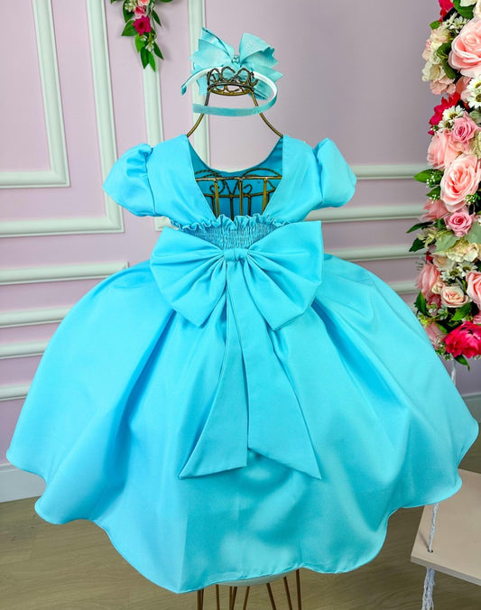 Vestido Infantil Azul Tiffany em Cetim com Detalhes em Pérolas e Saia Rodada para Festa de Aniversário