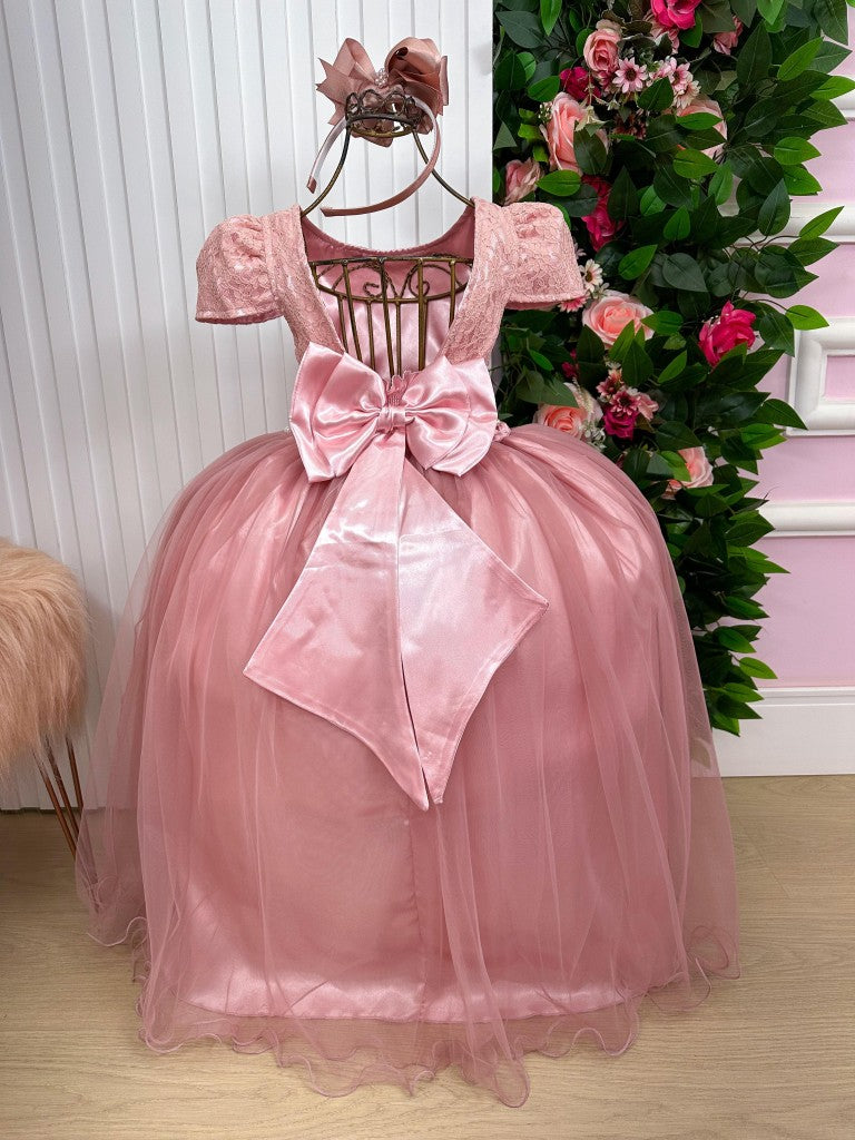 Vestido Infantil Rosa em Renda com Gola Redonda e Saia Rodada para Festa de Aniversário