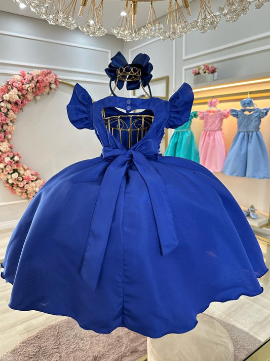 Vestido Infantil Azul Royal em Cetim com Busto Nervurado e Pérolas para Festas