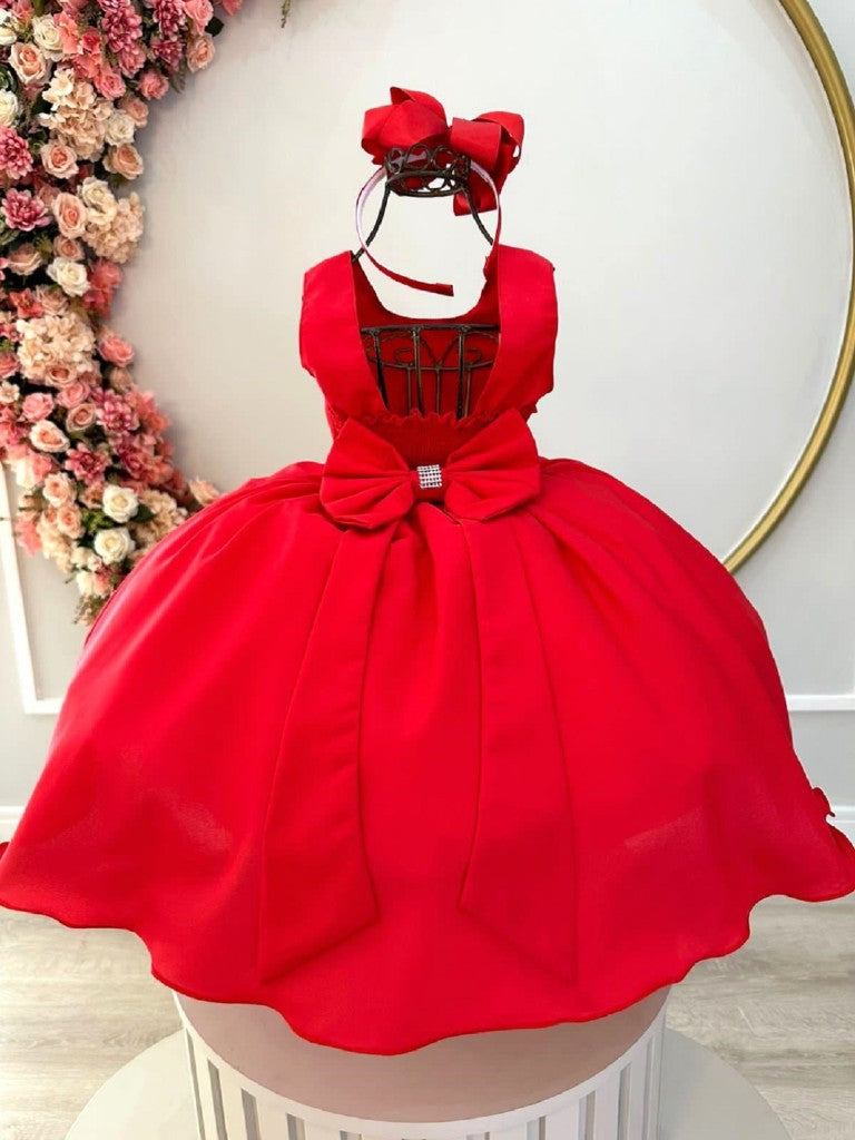 Vestido Infantil Vermelho em Cetim com Strass Luxuoso para Festa de Damas