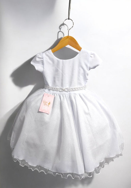 Vestido Infantil Branco em Cetim com Busto em Strass e Saia com Glitter para Daminhas