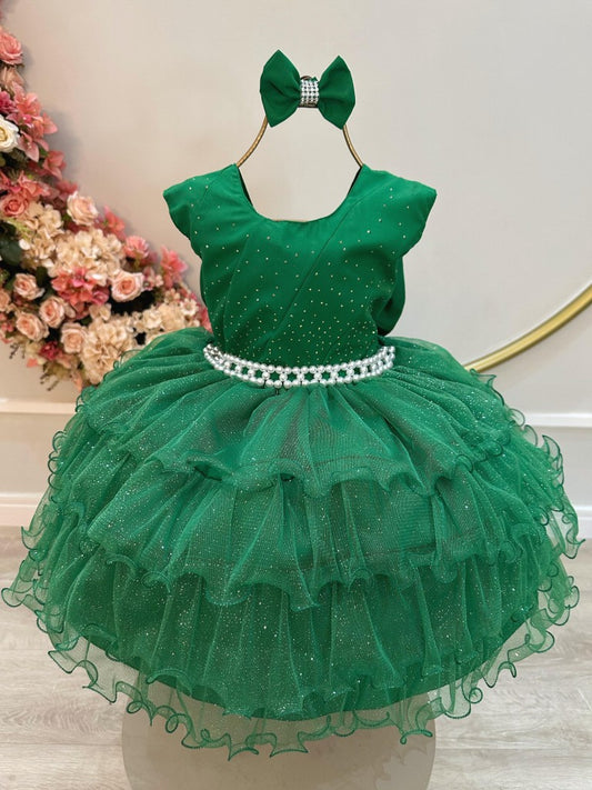 Vestido Infantil Verde em Cetim com Saia Babado e Glitter para Daminhas