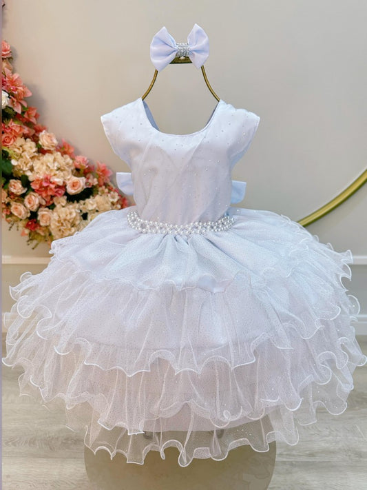 Vestido Infantil Branco em Tule com Glitter e Pérolas Saia de Babado para Daminhas