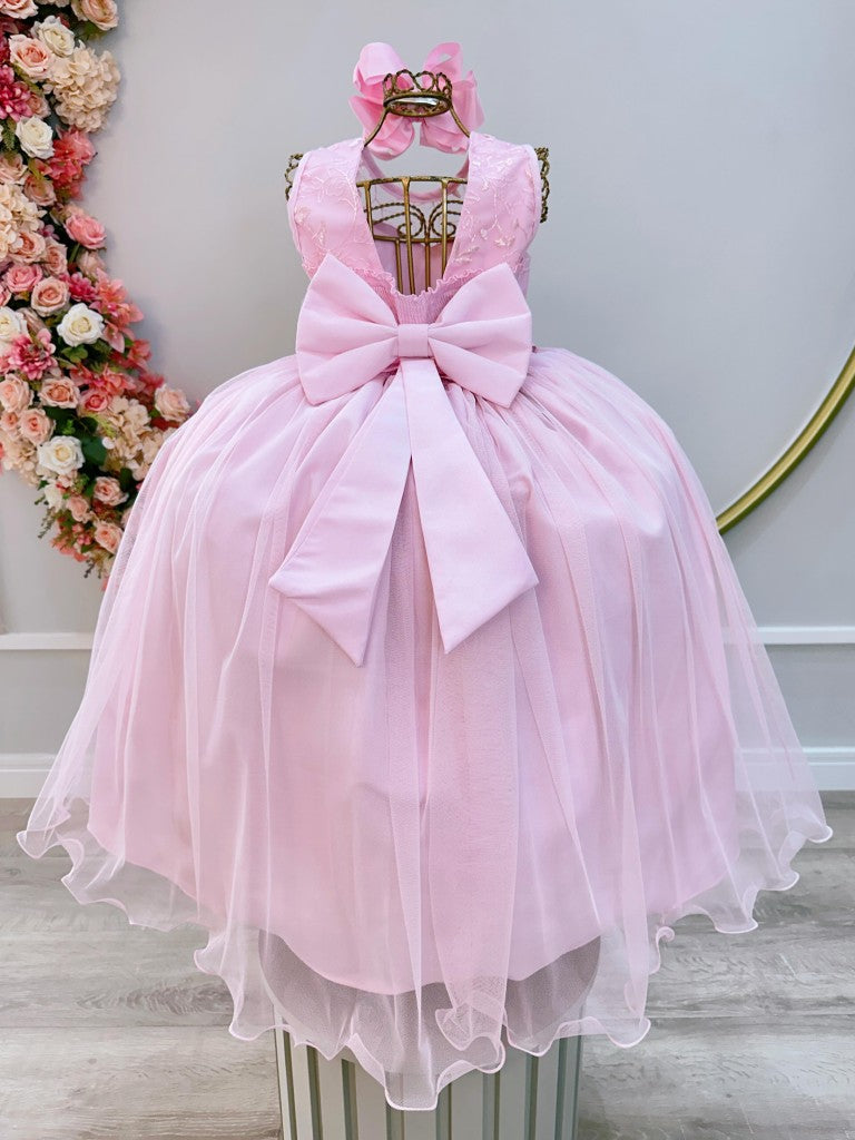 Vestido Infantil Longo Rosa Claro C/ Renda e Pérolas Damas