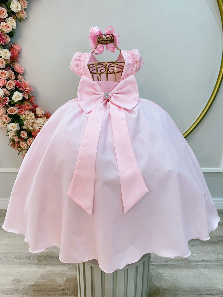 Vestido Infantil Longo Rosa Claro Busto C/ Renda Casamentos