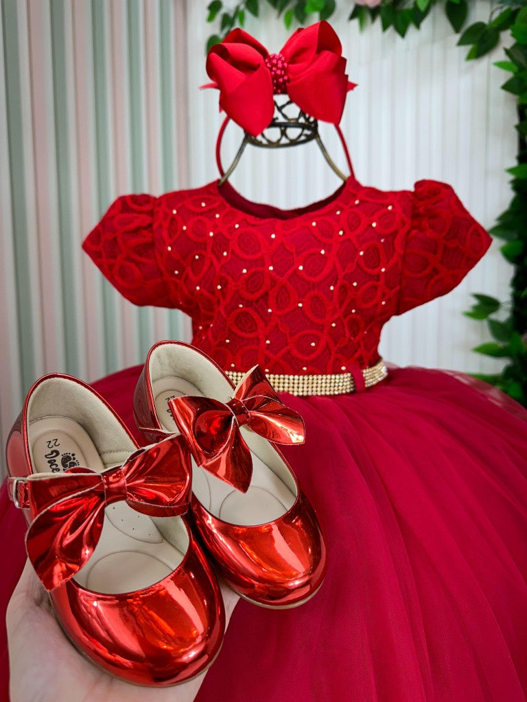 Vestido Infantil Vermelho em Tafetá com Gola Redonda e Caimento Sofisticado para Festa de Aniversário