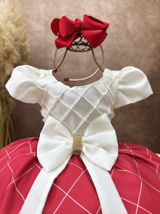 Vestido Infantil Marfim Busto Nervura e Saia Vermelha Festas