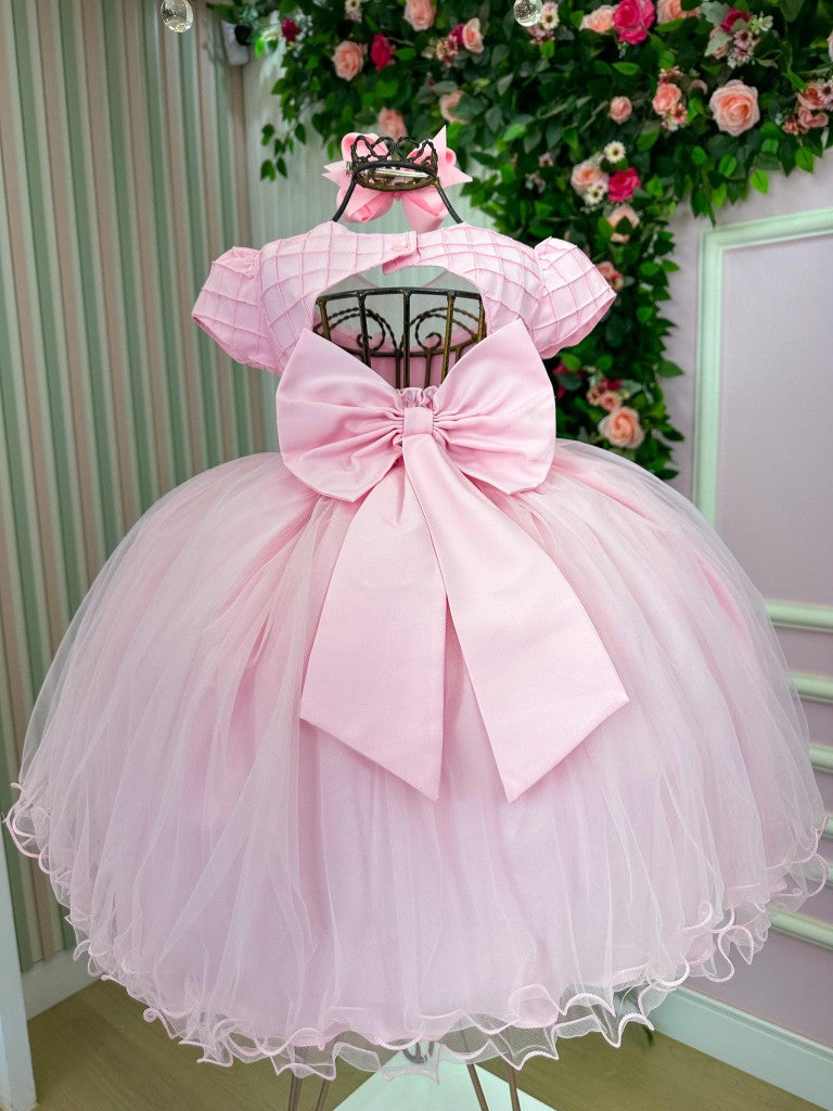 Vestido Infantil Rosa em Tafetá com Gola Redonda e Saia Rodada para Festa de Aniversário