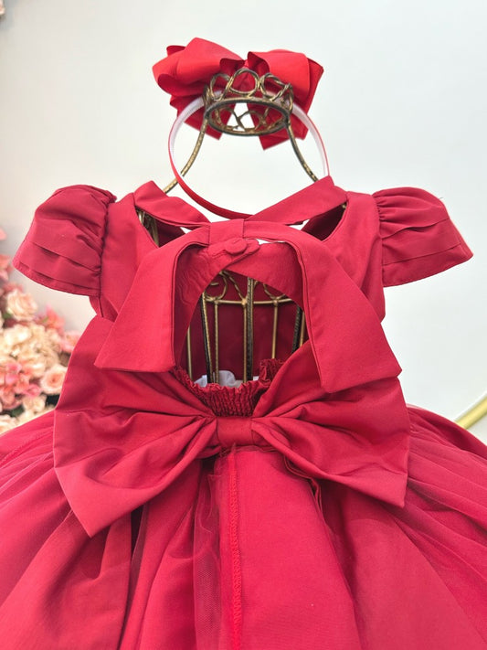 Vestido Infantil Vermelho em Cetim com Busto em Nervura e Saia Rodada para Damas de Festas