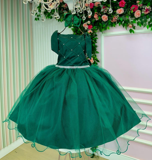 Vestido Infantil Verde Esmeralda em Tafetá e Tule com Laço nas Costas para Daminhas