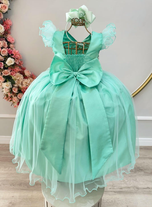 Vestido Infantil Longo Verde C/ Apliques e Renda Damas Festas