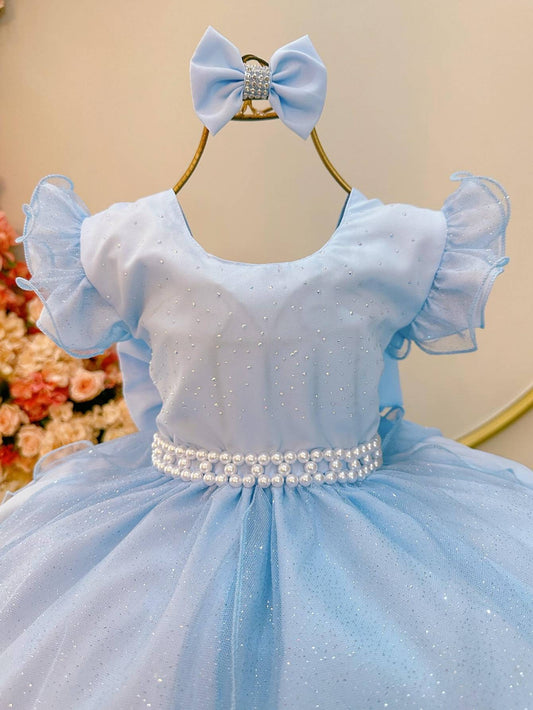 Vestido Infantil Azul Claro em Tule com Glitter Saia Rodada e Laço