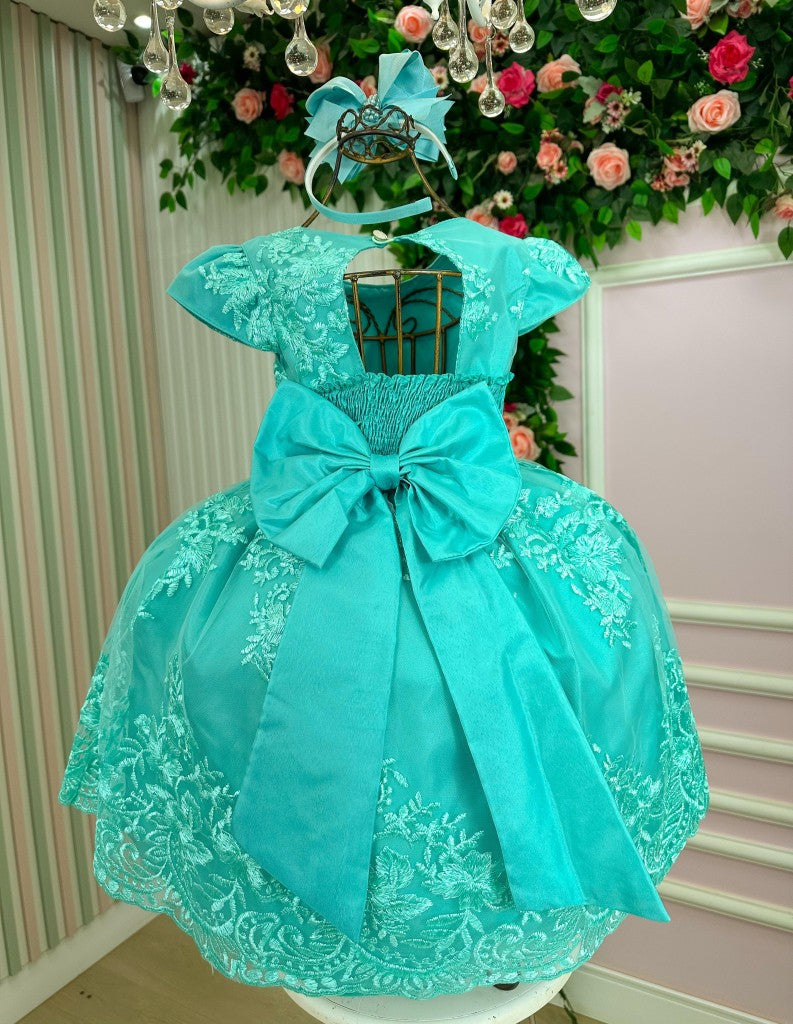 Vestido Infantil Verde Tiffany em Tafetá com Saia Rodada para Estilo Princesa