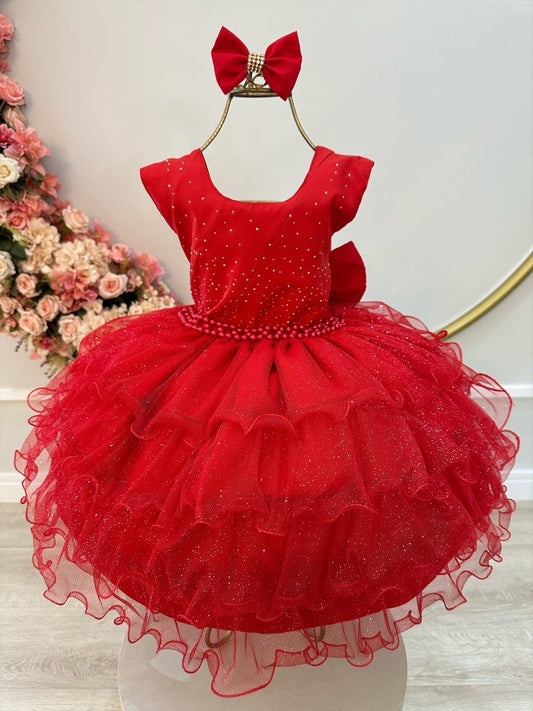 Vestido Infantil Vermelho em Cetim com Babados e Glitter para Daminhas