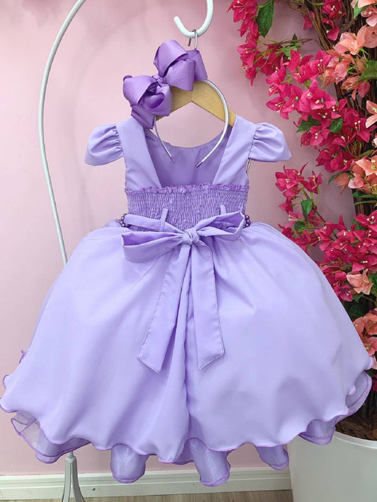 Vestido Infantil Lilás em Cetim com Cinto de Pérolas Saia Rodada para Casamento Luxo