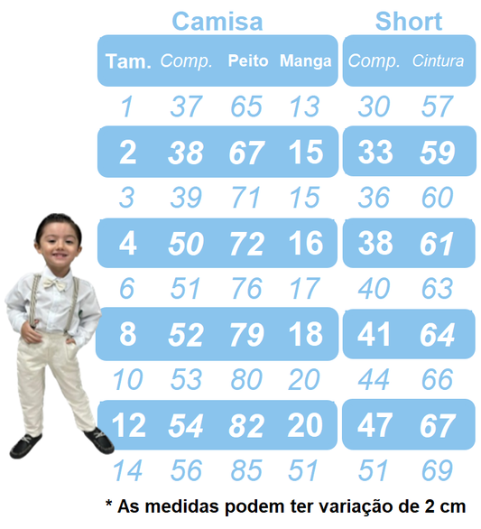 Conjunto Social Camisa Gravata Short e Susp. Azul Marinho