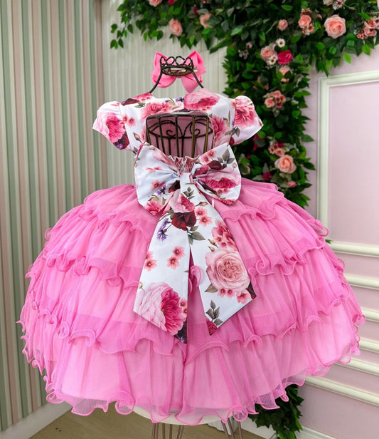 Vestido Infantil Rosa Chiclete em Tafetá com Apliques em Pérolas e Gola Redonda para Daminhas