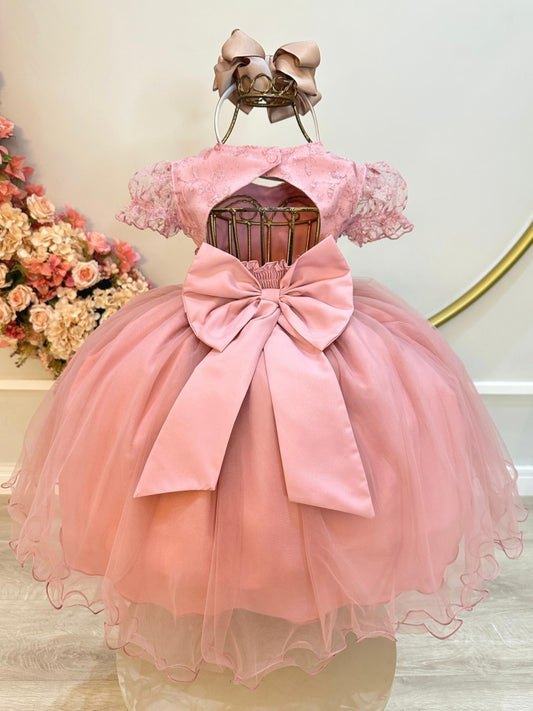 Vestido Infantil Rosa em Cetim com Renda e Strass com Saia Rodada para Daminhas