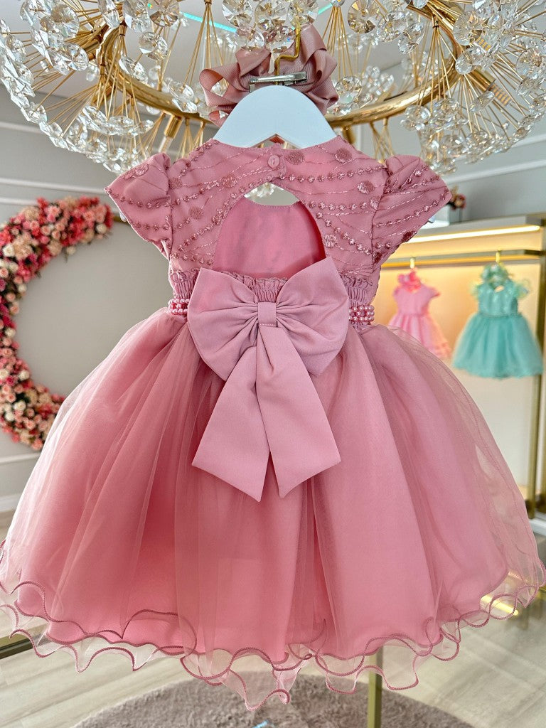 Vestido Infantil Rosa em Tule com Renda e Pérolas com Saia Rodada para Batizado