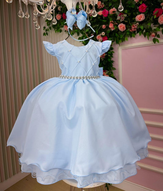Vestido Infantil Azul Bebê em Tecido Misto com Laço Elegante para Festa Especial