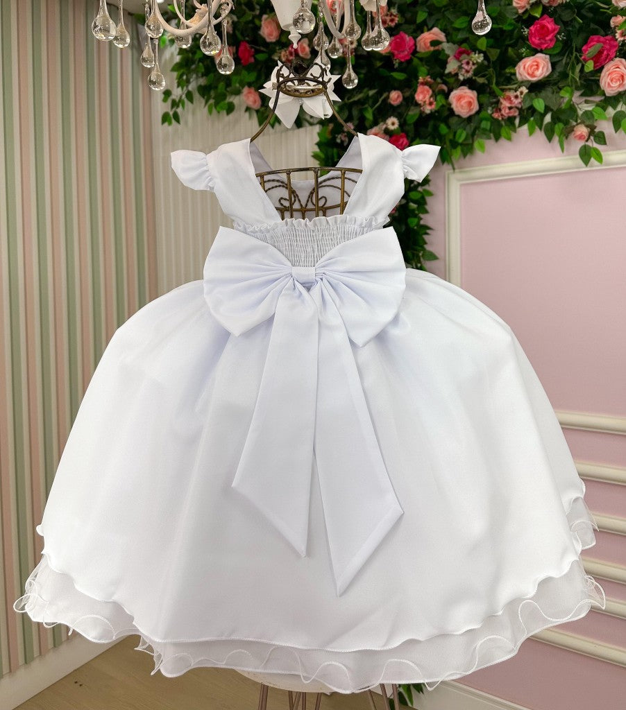 Vestido Infantil Branco em Algodão com Babados e Laço para Festa de Aniversário
