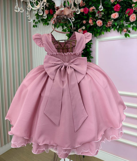 Vestido Infantil Rosa em Tecido Misto com Saia Rodada para Festa de Aniversário