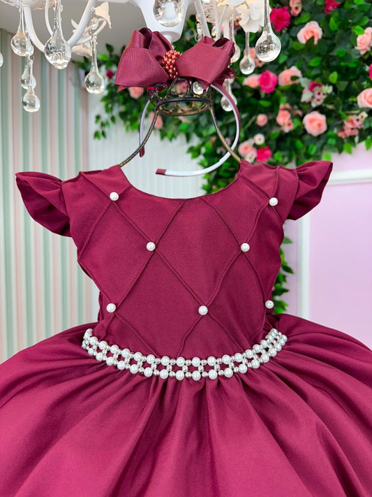 Vestido Infantil Marsala em Cetim com Saia Rodada para Festa de Aniversário