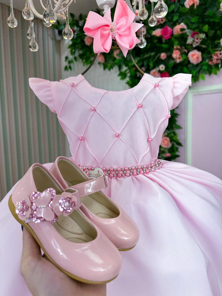 Vestido Infantil Rosa Bebê em Tecido Misto com Laço Elegante para Festa de Aniversário
