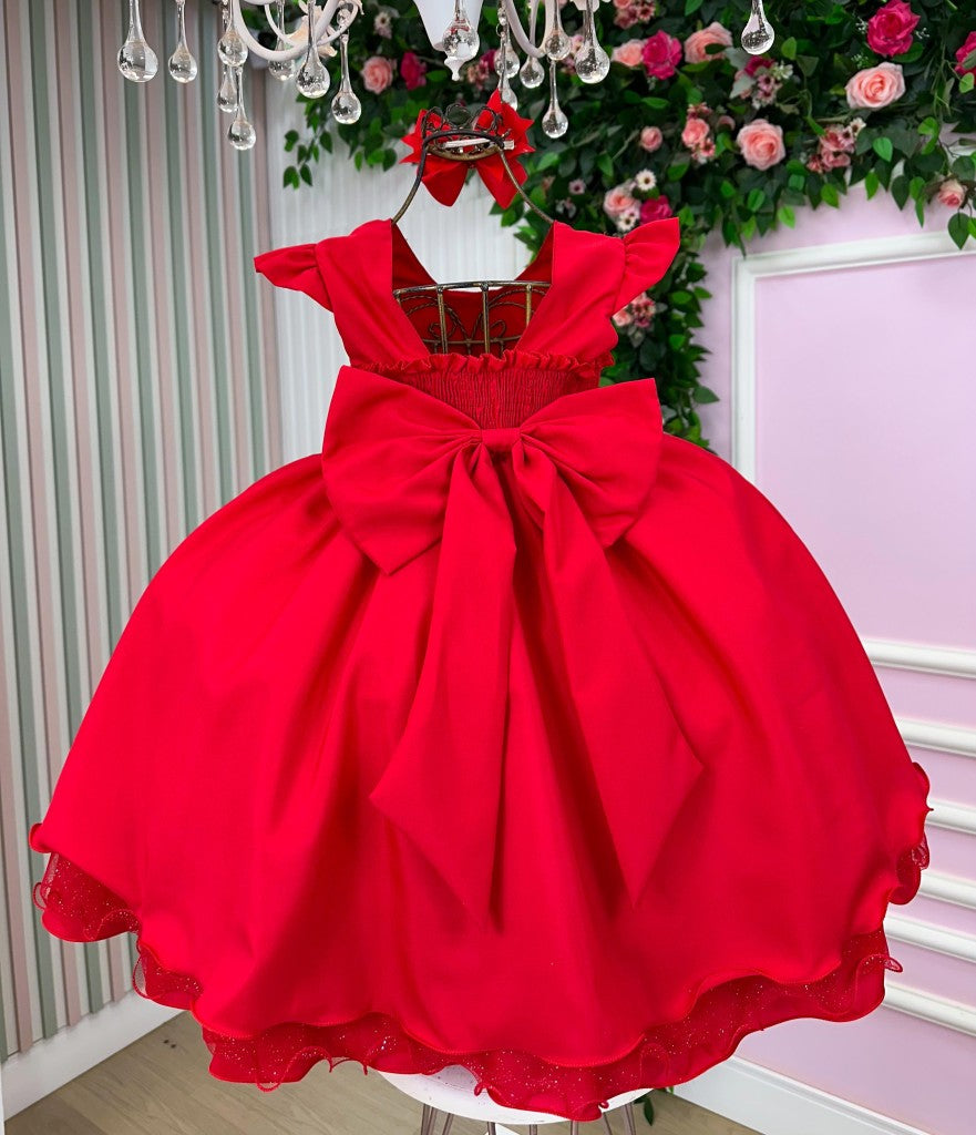 Vestido Infantil Vermelho em Tecido Misto com Saia Rodada para Festa de Aniversário