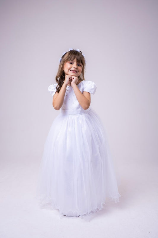 Vestido Infantil Branco em Tecido Misto com Saia Rodada para Daminhas
