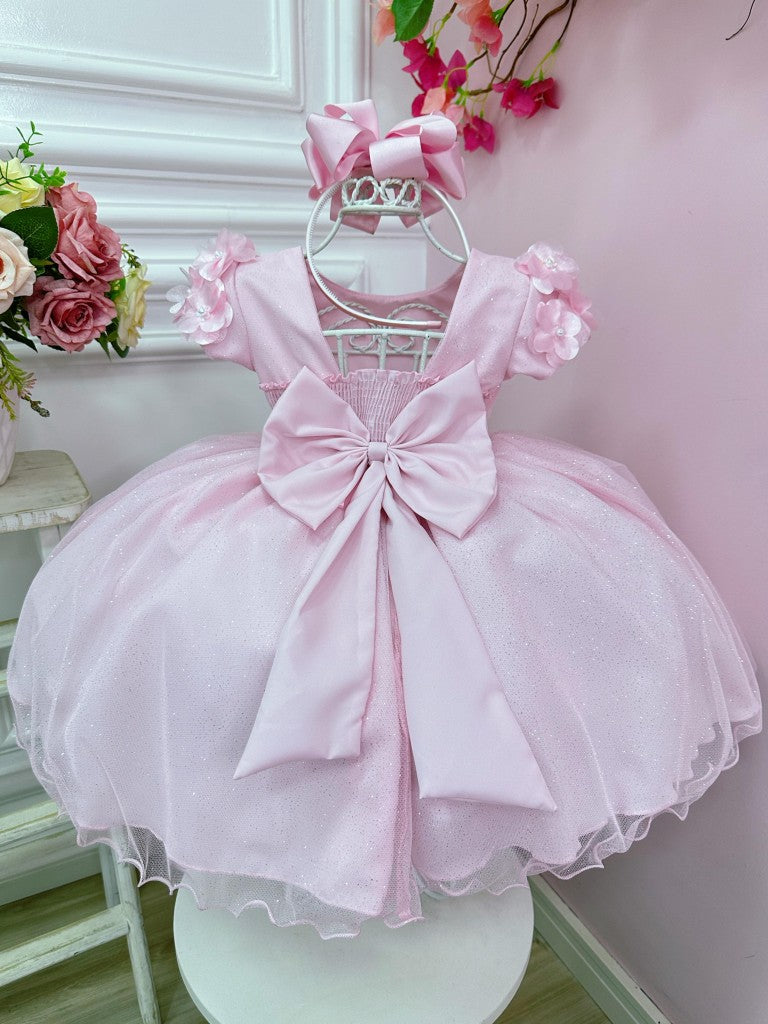 Vestido Infantil Rosa Claro em Tule com Apliques de Flores Saia Rodada para Daminhas