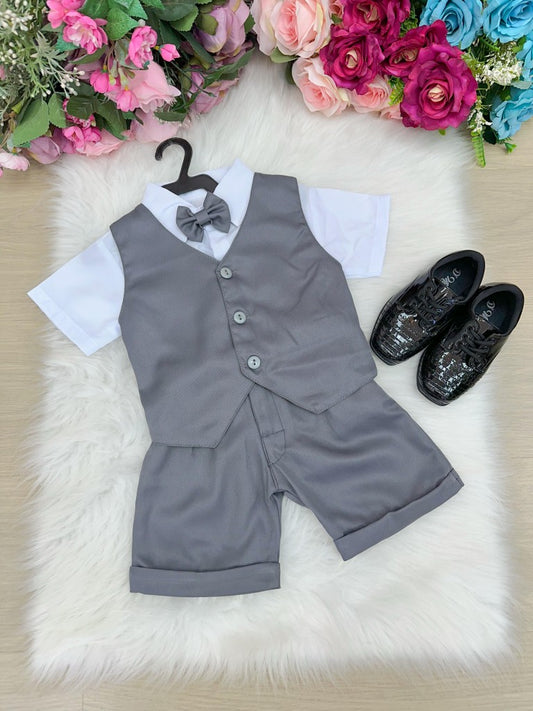 Conjunto Social Infantil Cinza em Poliéster com Gravata Borboleta e Colete para Festa