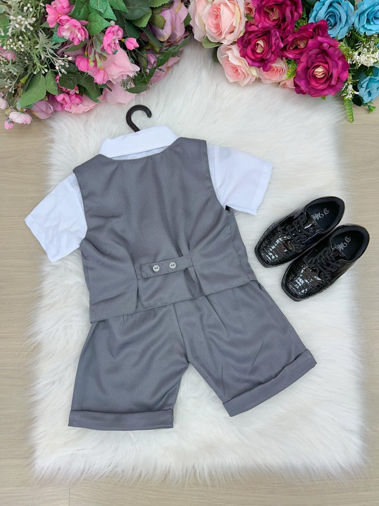 Conjunto Social Infantil Cinza em Poliéster com Gravata Borboleta e Colete para Festa