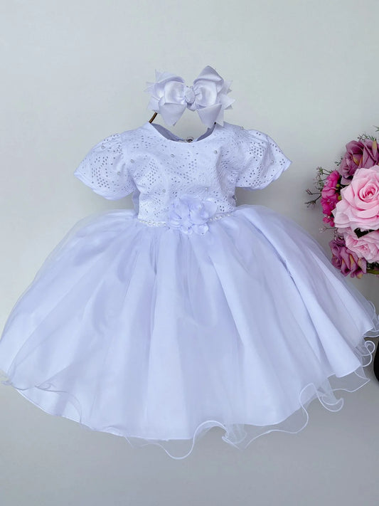 Vestido Infantil Branco em Tule com Renda Delicada e Saia Rodada para Festa de Aniversário