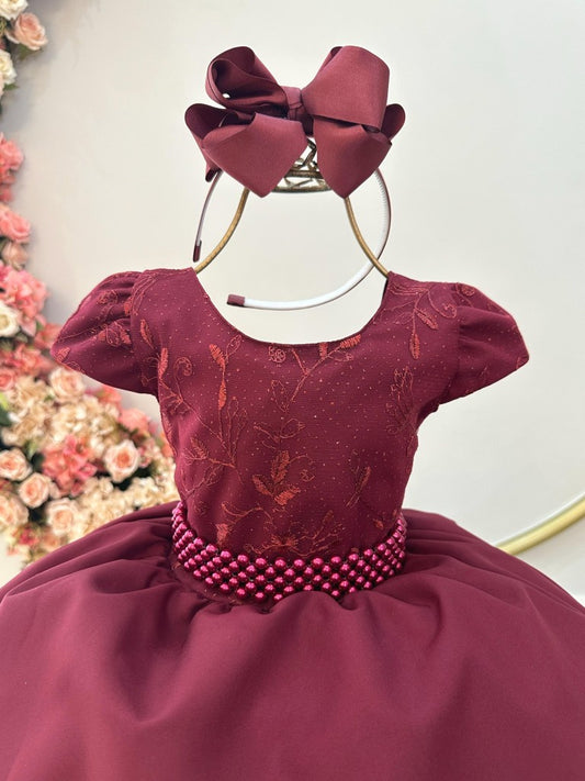 Vestido Infantil Marsala em Renda com Saia Rodada para Daminhas